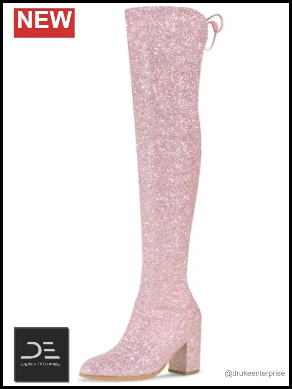Sparkly Over the Knee High Boots Chunky Heel Round Toe Lace Up Glitter